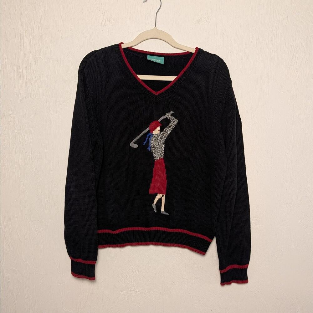 Vintage Liz Claiborne LizGolf Sweater Women's L Black V-Neck Pullover Golf Knit
